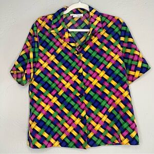 Vintage SG Sport Colorful Lattice Print Button Up Top Size Medium
